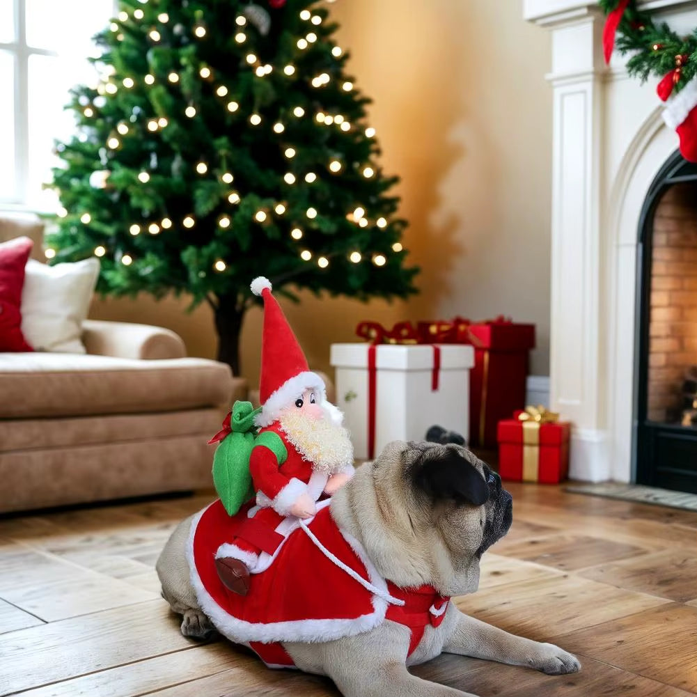 Dog Cat Christmas Costume Santa Claus Riding Pet Cosplay Clothes Christmas Dress up Pet Jacket Coat New Year Suit ﻿